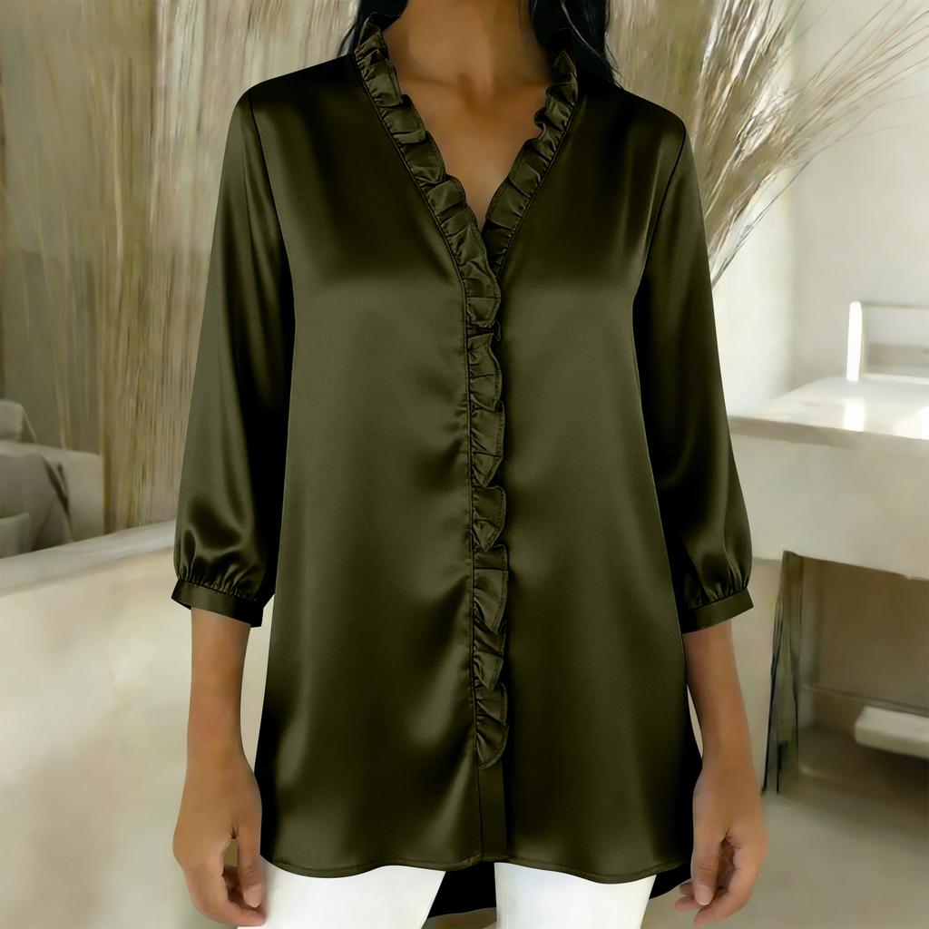 Ladies' Fashionable and Elegant Ruffled Collar Satin Blouse
