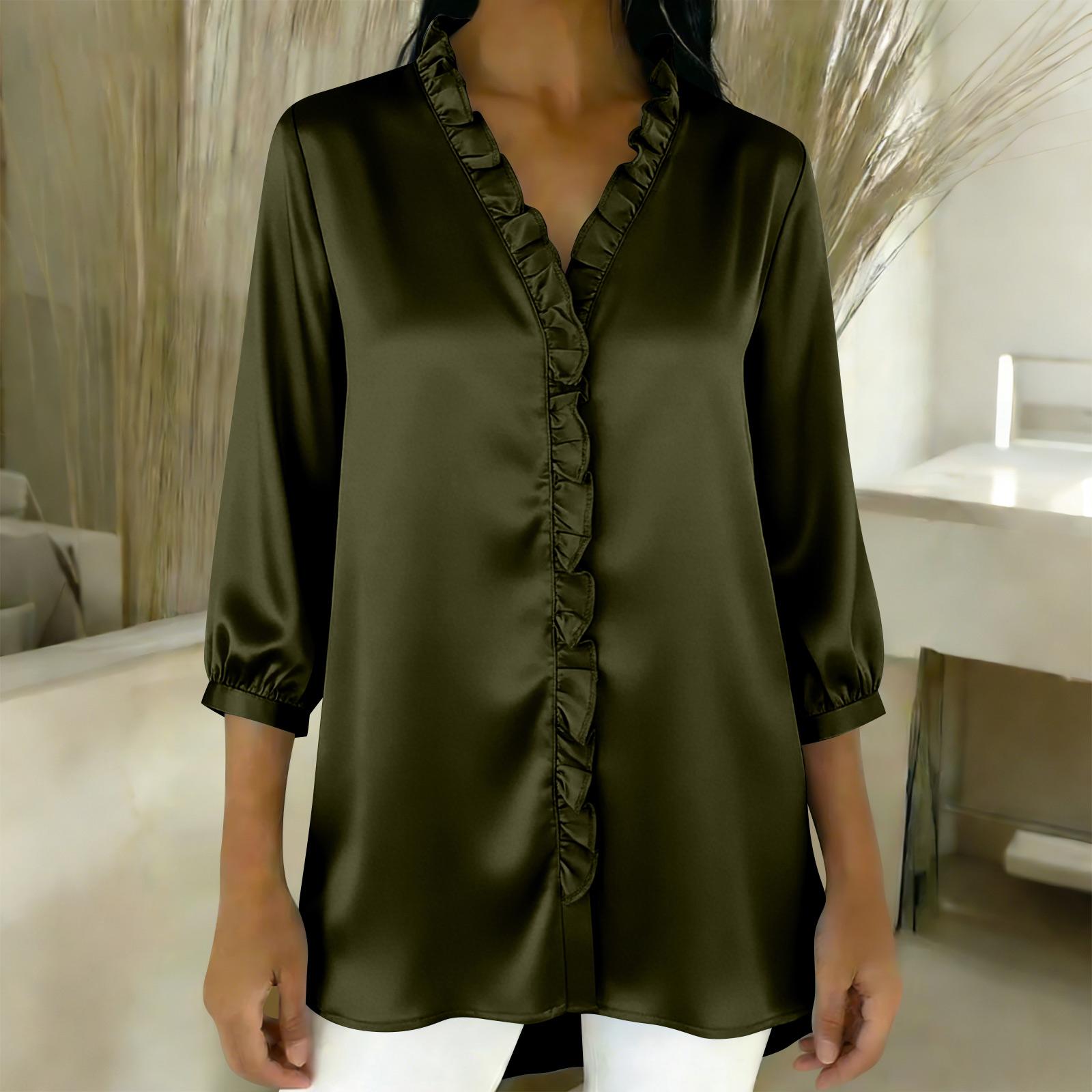Ladies  Fashionable and Elegant Ruffled Collar Satin Blouse XL