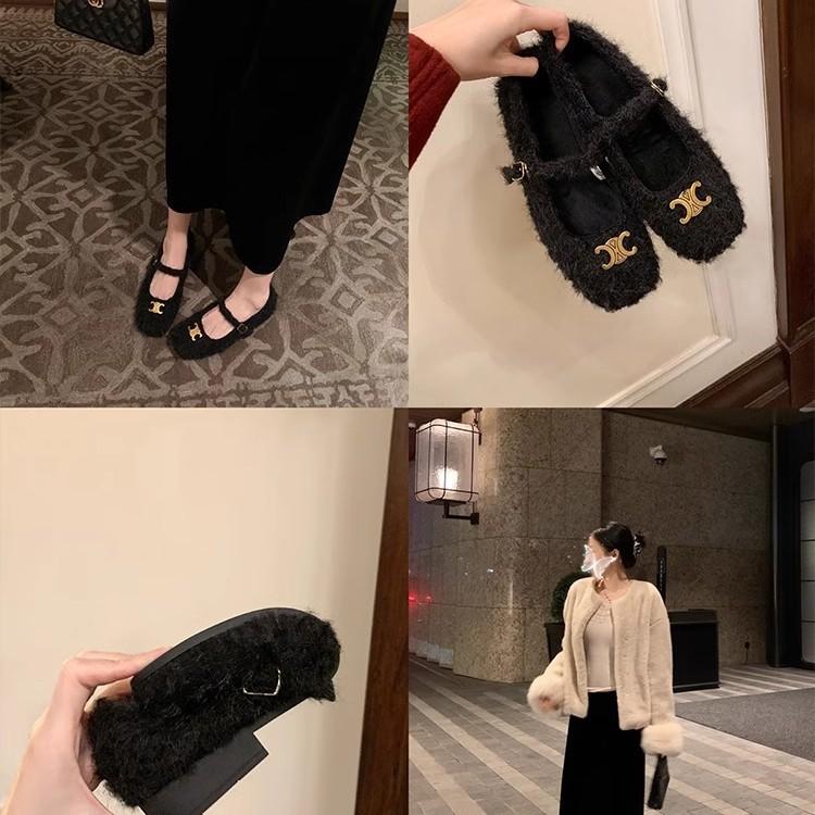 Su Yinyin same Christmas dinner~ velvet Arc de Triomphe gold buckle thick heel Mary Jane fluffy shoes women's single shoes
