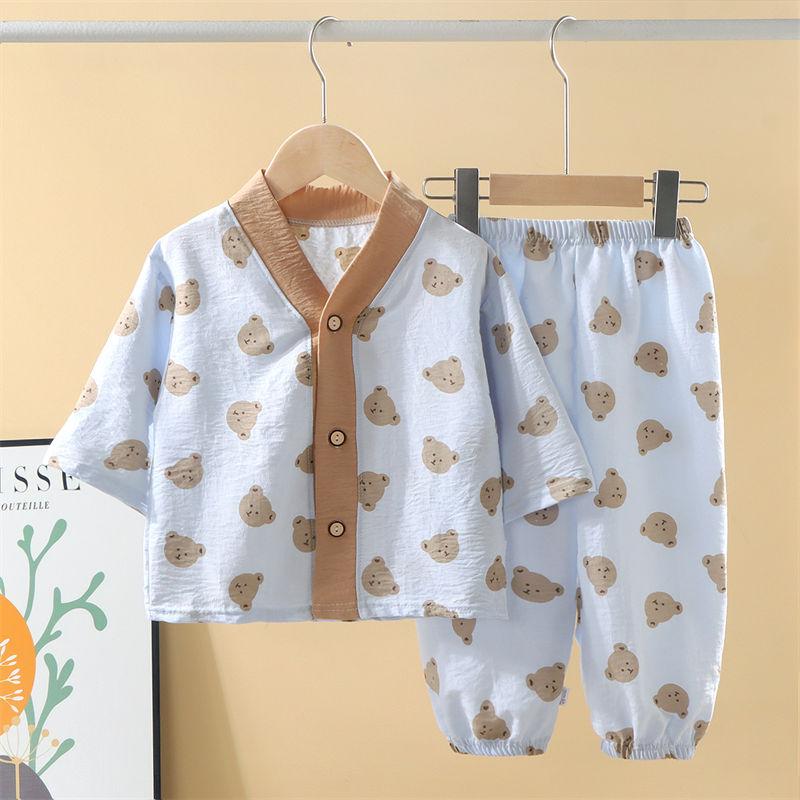 2026 Summer Children Short Sleeve Cardigan Underwear Suits Baby Spring V-Neck Cartoon Thin Pajama Set Home Wear Clothing Suit for Girl Boy
