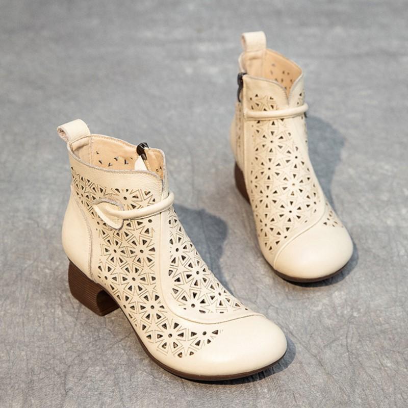 Johnature Hollow Out Boots Genuine Leather Retro Ethnic Style Soft Sole Thick Heel Breathable Women's Shoes