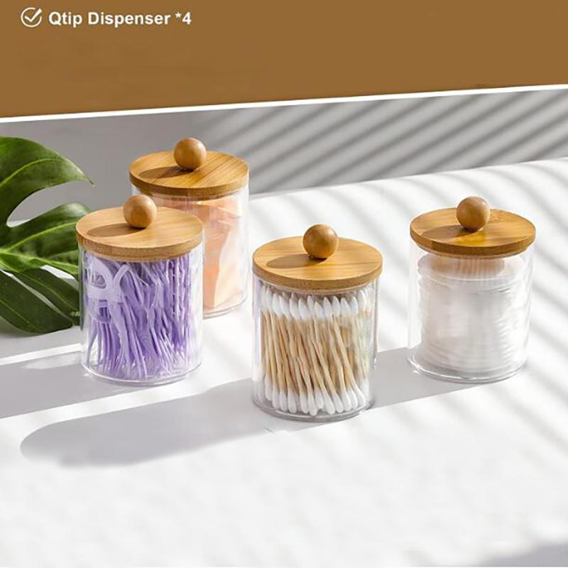 Qtip Holder Dispenser with Bamboo Lid 10 Oz Clear Plastic Apothecary Jar Containers for Vanity Makeup Organizer Storage Bathroom