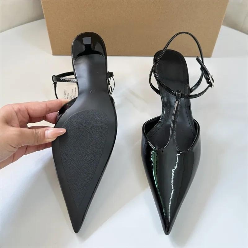 Fashion High Quality Low Heel Ankle Strap Summer Women Modern Sandals Sexy T-Strap Pointed Toe Soft Leather Elegant Office Lady Shoes