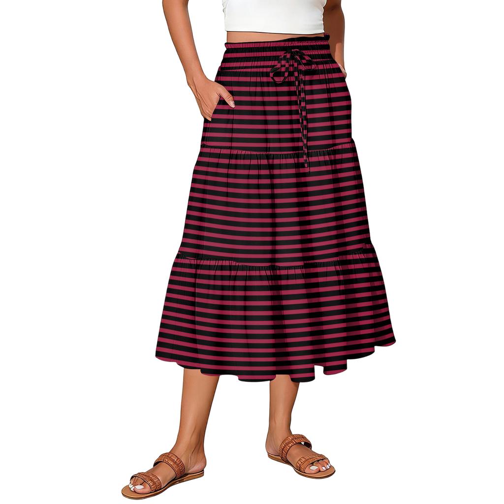 Ladies' Striped Printed Casual Elastic Waist Drawstring Skirt