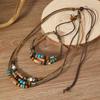 2Pcs/Set Multi-Layer Vintage Wood Beads Pendant Leather Beaded Weaved Prayer Necklace& Bracelet  Jewelry Gifts