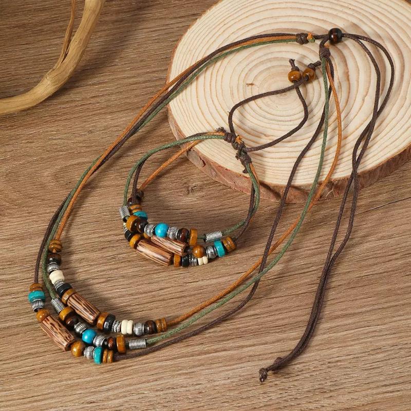 2Pcs/Set Multi-Layer Vintage Wood Beads Pendant Leather Beaded Weaved Prayer Necklace& Bracelet  Jewelry Gifts
