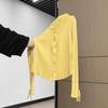 Yellow Premium Long Sleeve Lace-Up Crew Neck Button Knitted Cardigan Women's Spring Slim-Fit Top