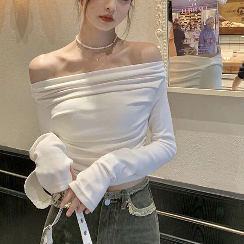2KWEIRD  Long Sleeve T-shirts Women Autumn Slash Neck Sexy Slim-fit Pleated Hot Girls All-match Off Shoulder Sweet Backless Soft Solid