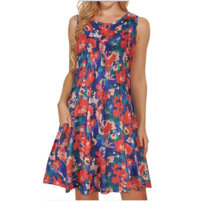 Spring and Summer New Sleeveless Pullover Element Printed Pocket Large Round Neck Vest Dress