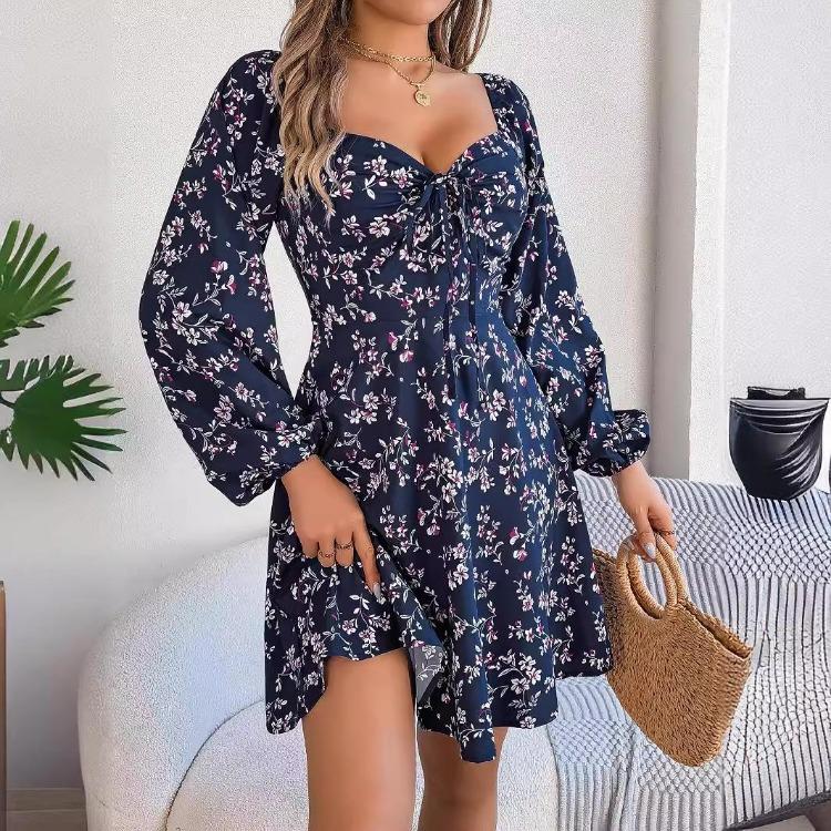 Women Floral Pleated Long Sleeve A Line Dress High Waist V Neck Spring Summer Long Dress