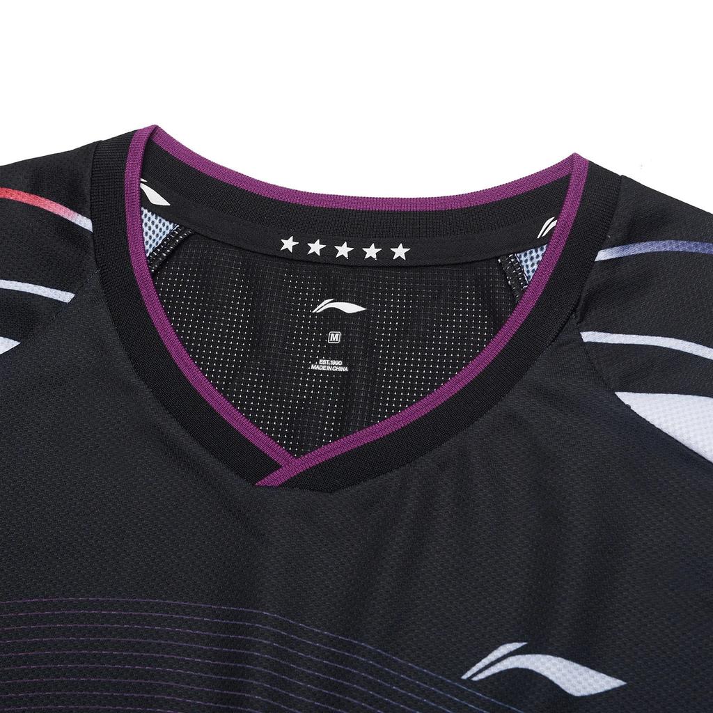 Li Ning Table Tennis Series Geometric Pattern Printed Logo Quick-Dry V-Neck Short Sleeve T-Shirt Women Tops Black AAYS238-3