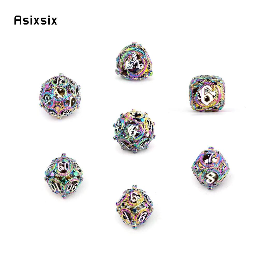 7 Pcs Colorful Circular Dragon Metal Dice Hollow Metal Polyhedral Dice Set Suitable for Role-Playing RPG  Board Game Card Game