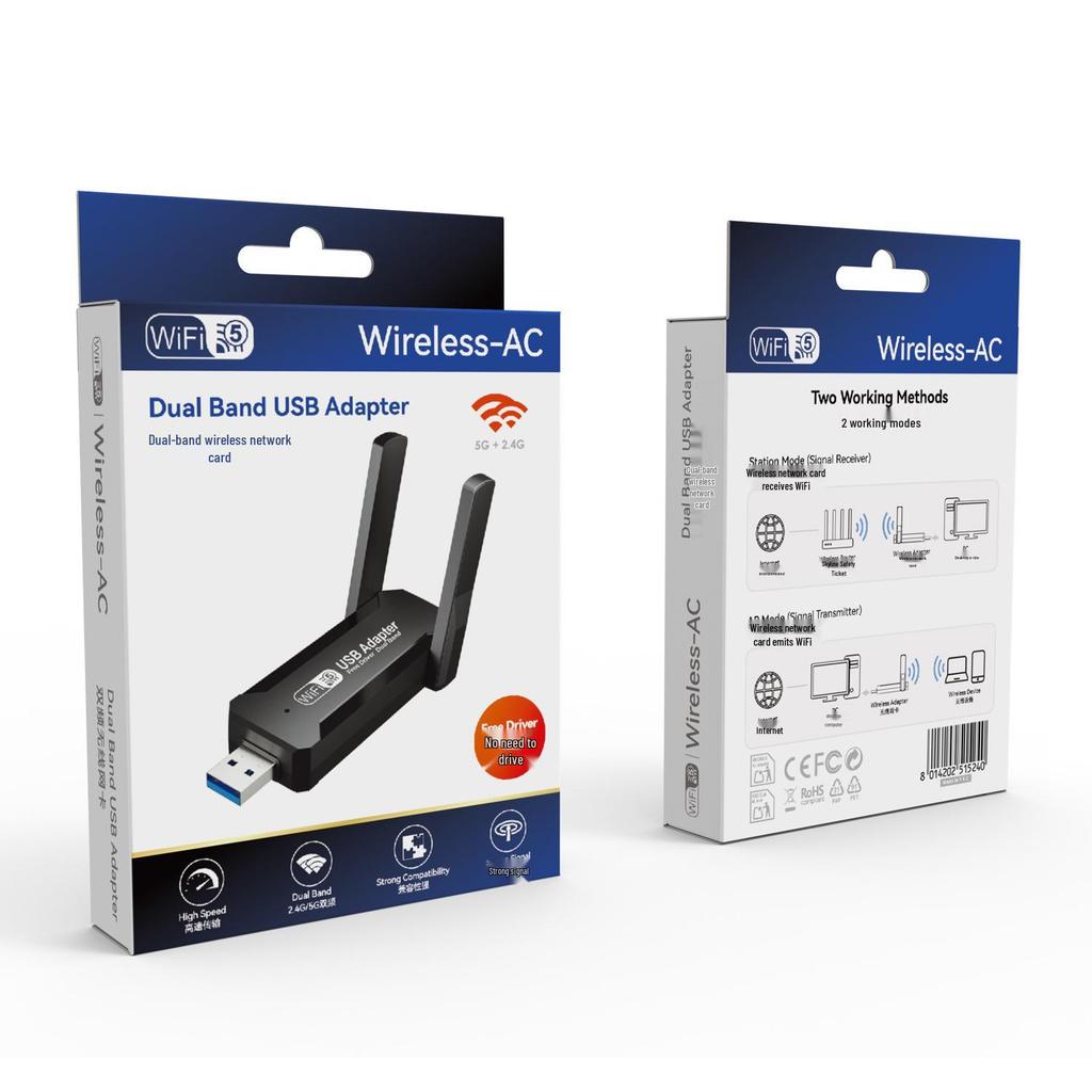 Driver-Free 5G Dual-Band USB WiFi Adapter with 1300M Gigabit Speed
