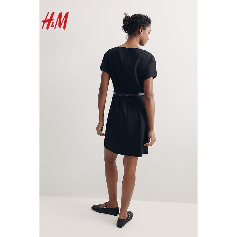 

HM Women clothes 2025 Summer New off-Neck With Belt Twill Dress 1265081 Black 155/76(XXS)