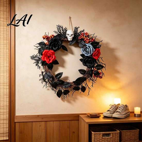 Outdoor Courtyard Holiday Ornament Gothic Black White Blue Rose Twig Wreath 15 Inch Halloween Skull Wreath Garland for Wall with Twisted Branches And