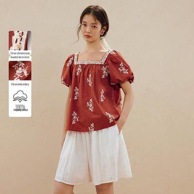 INMAN Women's 100% Xinjiang Cotton Boho Embroidered Puff Sleeve Shirt