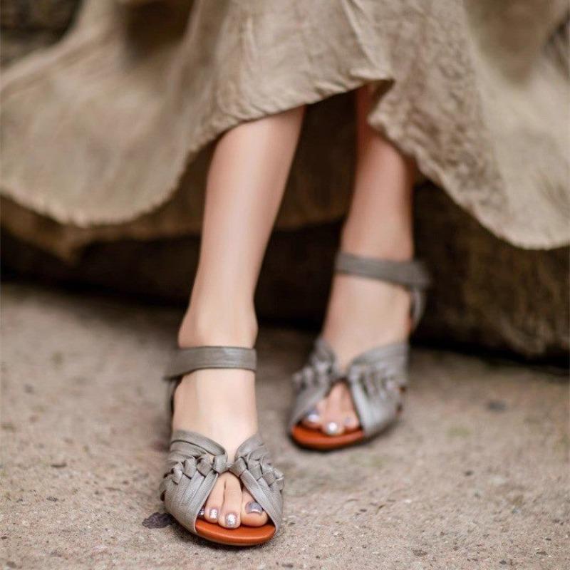 Fashion Hand-woven Flat Women's Shoes Summer New Retro Peeping Toe Women's Sandals Real Leather Low Heel Sandals Zapatos De Mujer