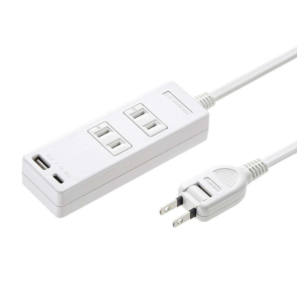 Sanwa Supply USB charging power strip with port 2 2m Type-C (2-prong, outlets, cable) TAP-B101UC-2W