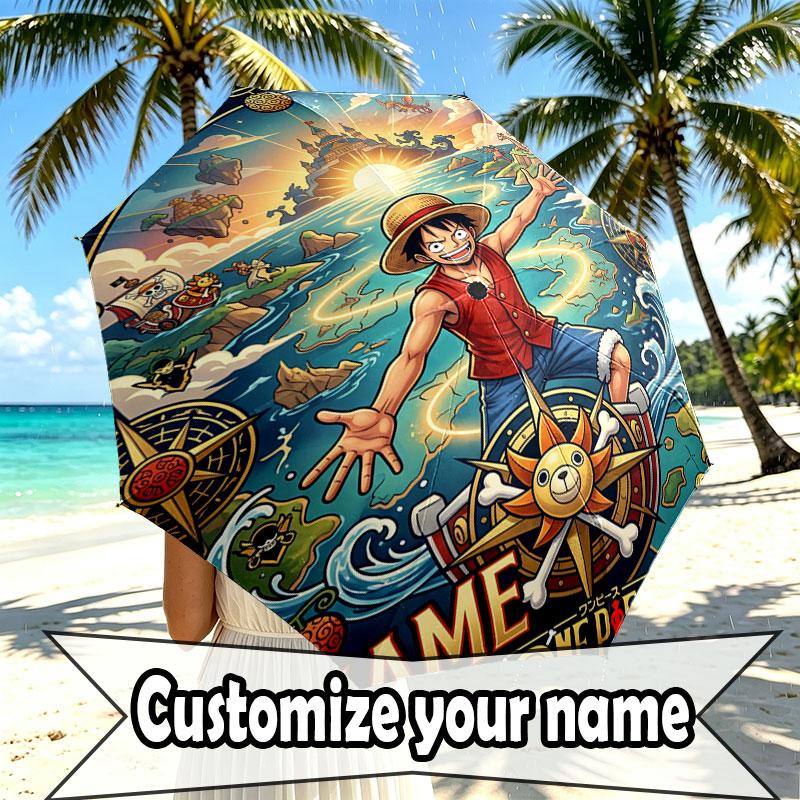 Custom Name Personalized ONE PIECE Print Umbrella, Auto Open Close, 8‑Rib Sturdy Frame, Commute Camping Hiking Use, Birthday Gift
