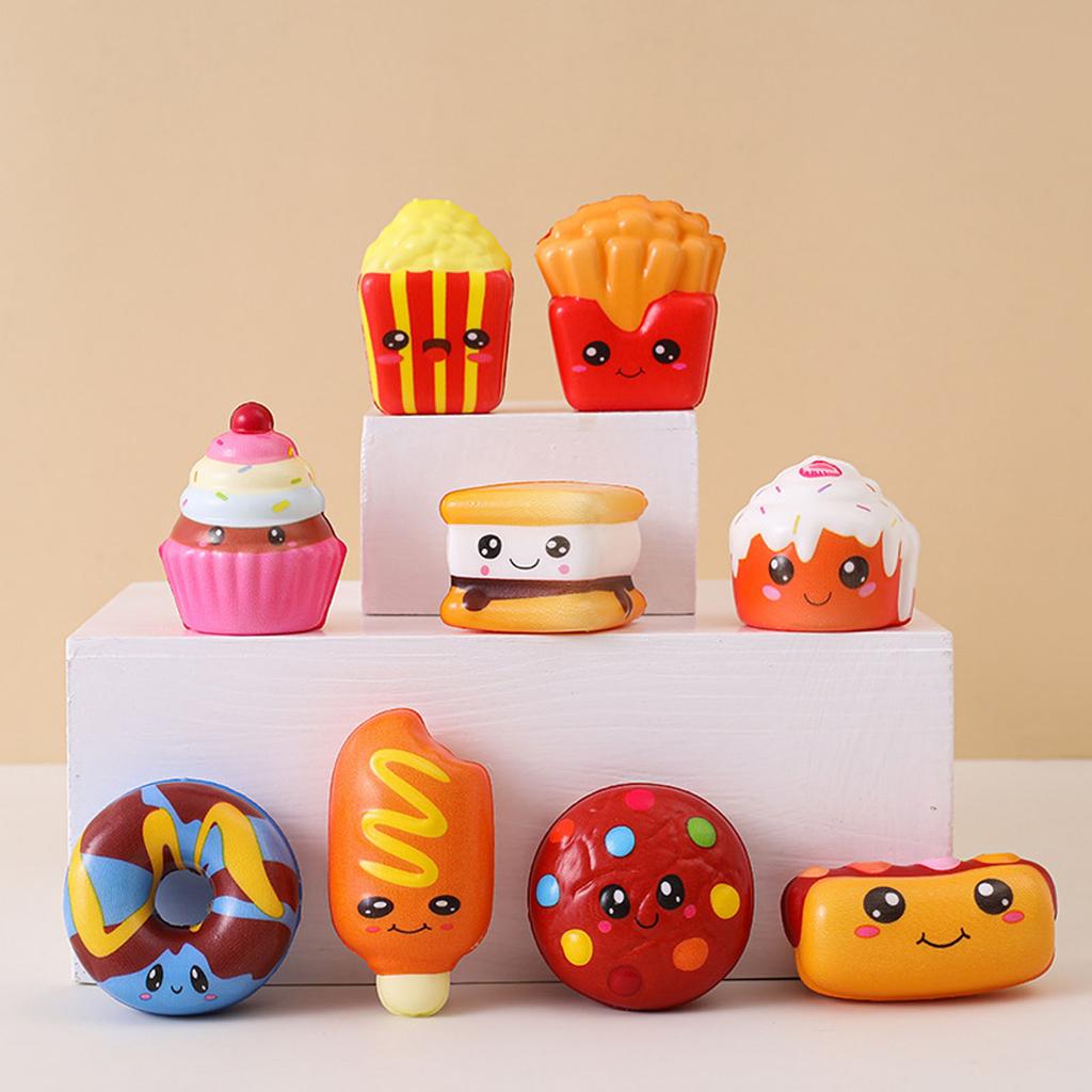 Set of 9 Soft Squishy Food Shaped Stress Relief Toys Includes Donut Cupcake Fries Corn Dog and More for Sensory Play and Anxiety Reduction