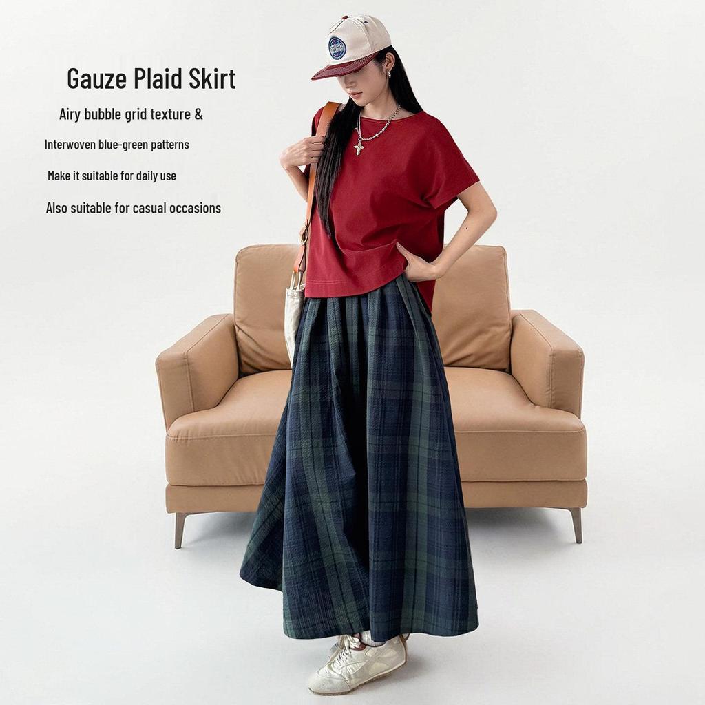 Maden Retro Cotton Gauze Plaid Maxi Skirt: Elastic Waist, Textured A-line Umbrella Design for Women