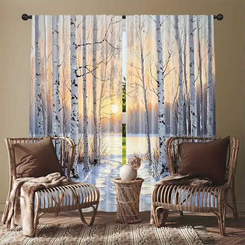 2pcs Artistic Winter Birch Forest Printed Curtains, Designed for Light Filtering, Quality Material, Ideal for Seasonal Home Wind