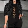 Womens Black Short Sleeve T Shirt With Gold Heart Print Casual Loose Fit Round Neck Tee