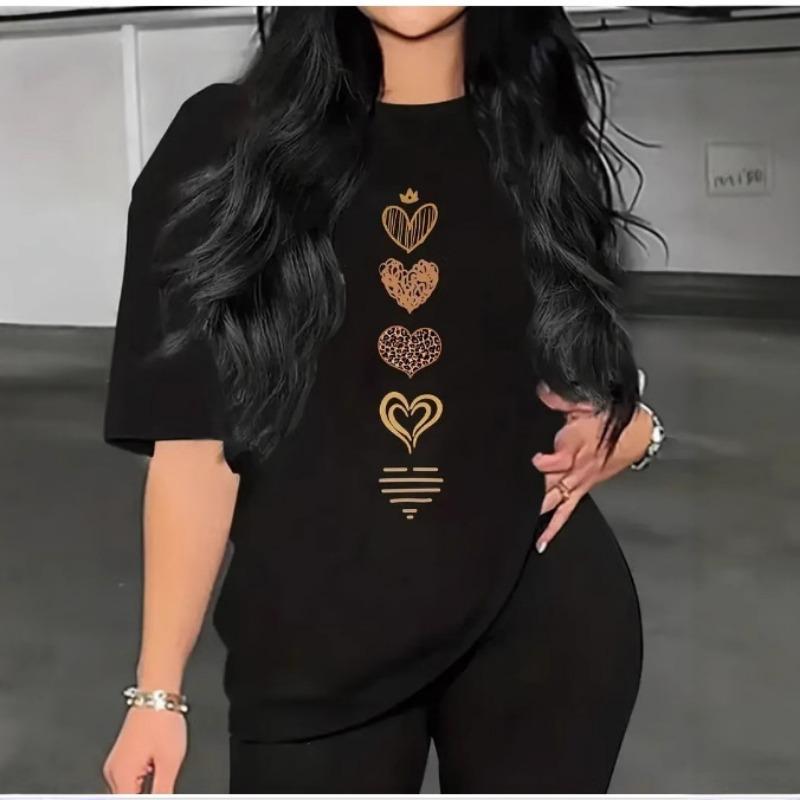 

Womens Black Short Sleeve T Shirt With Gold Heart Print Casual Loose Fit Round Neck Tee S чёрный