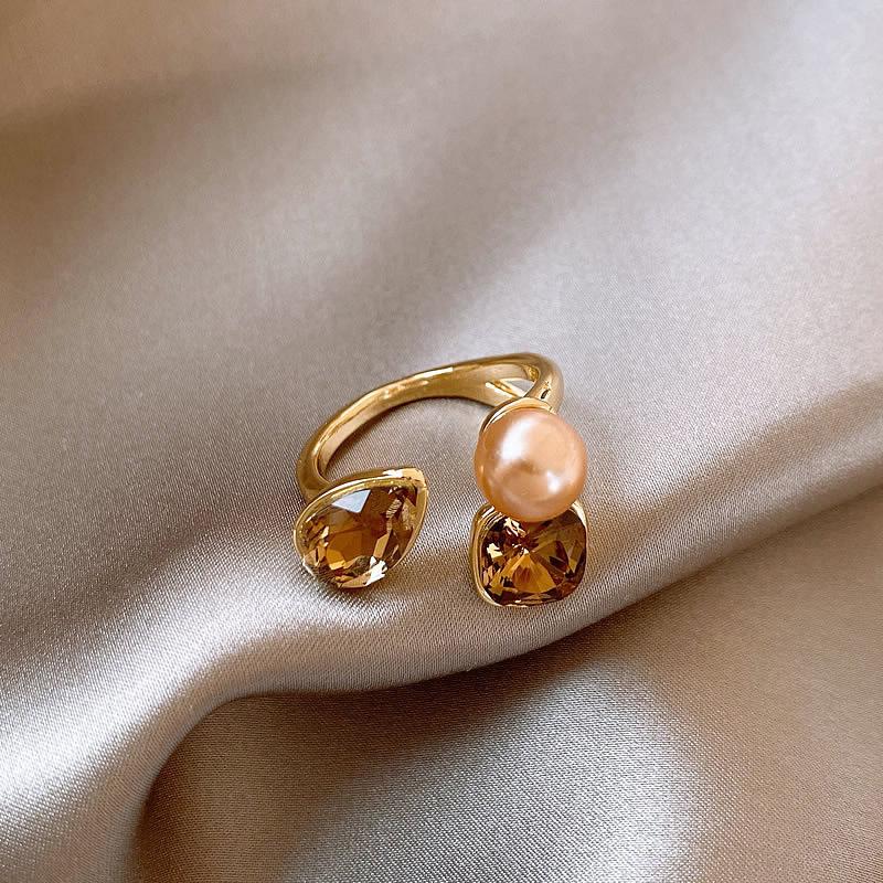 Vintage Luxury Geometry Crystal Champagne Pearl Metal Open Rings Jewelry Party Women'S Exquisite Accessories