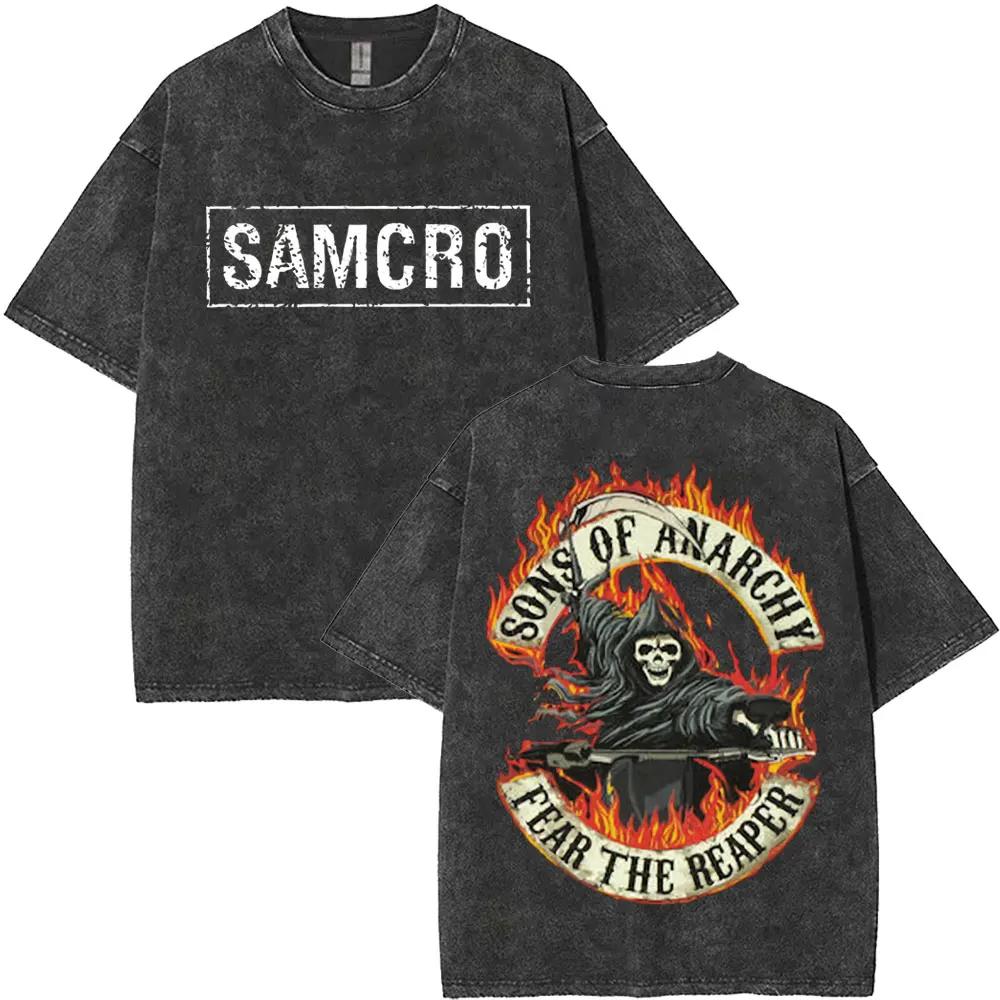 Omezená Anarchie Syn Samcro Vintage Praná Tričko Pánské a Dámské Kostra Hip Hop Rock Ležérní Tričko Krátký Rukáv Top