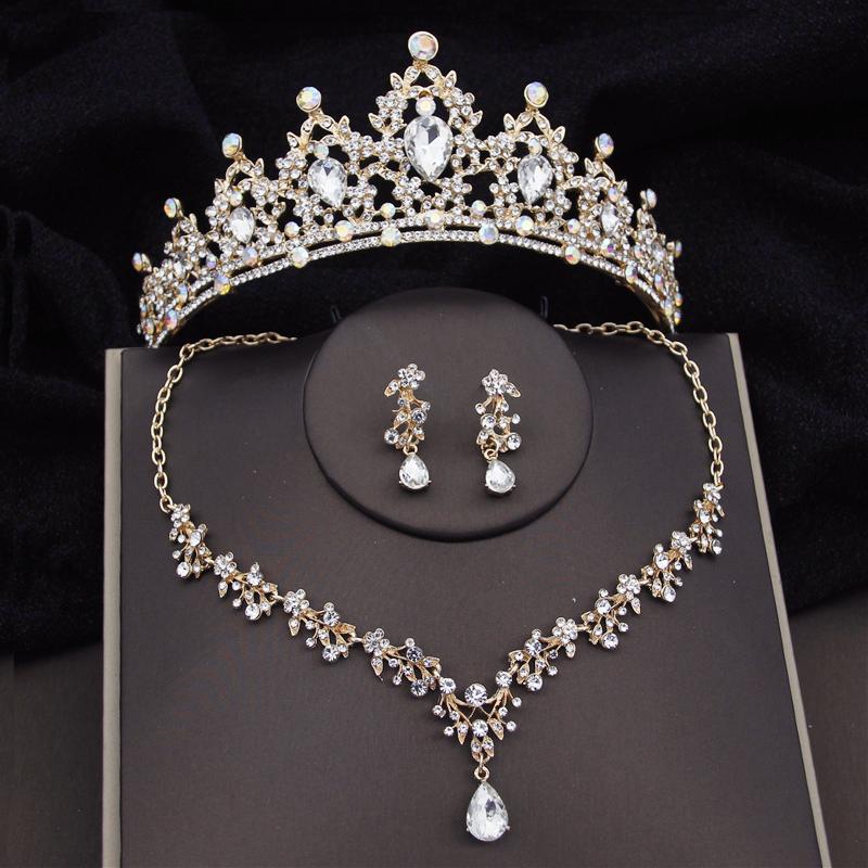 Barock Silberfarben Brautschmuck-Sets Krone Ohrringe Halsband Halskette Set für Frauen Hochzeitskleid Tiaras Brautschmuck-Set