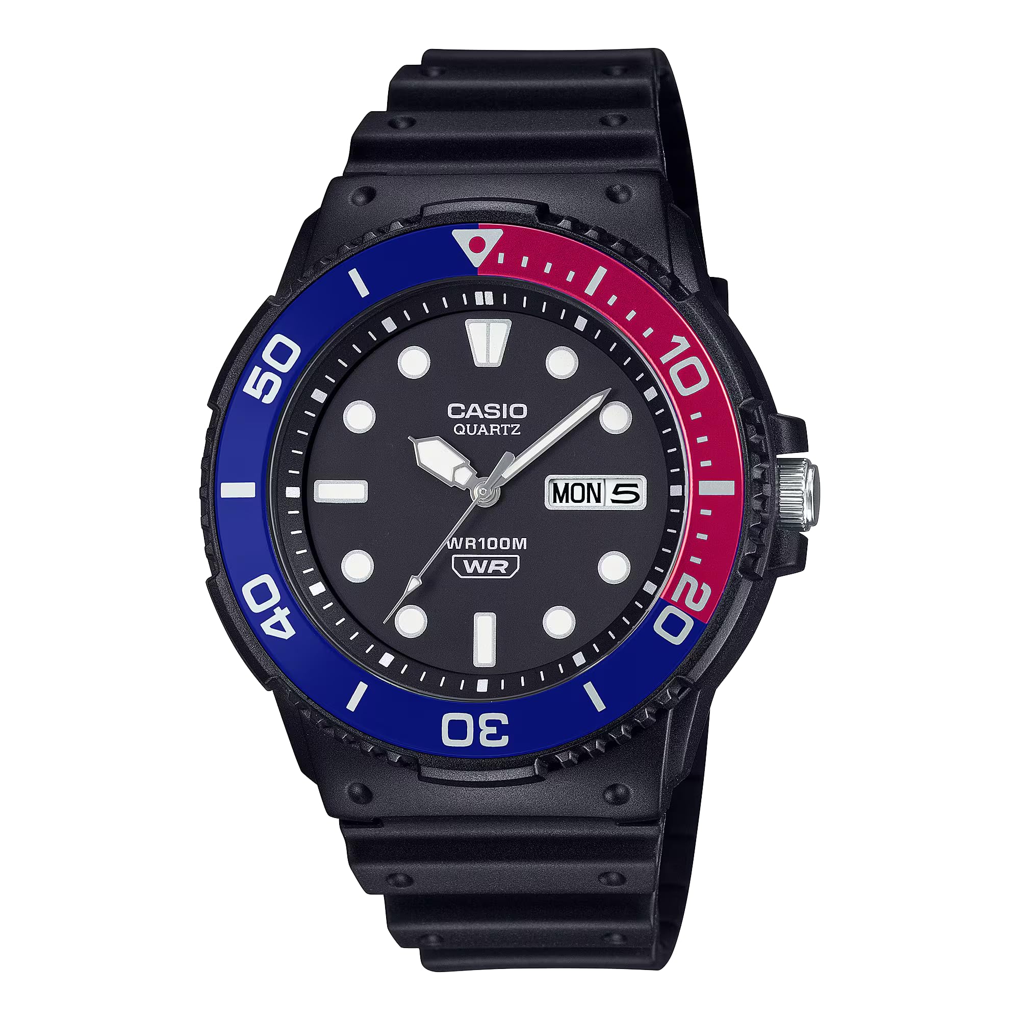 

CASIO Аналоговые 100M Водонепроницаемые Вращающийся Календарь MRW-230H Мужские Часы, Прочные, Алюминий, Безель, Отображение Дня/Даты, (Синий / красный) [Использовал]