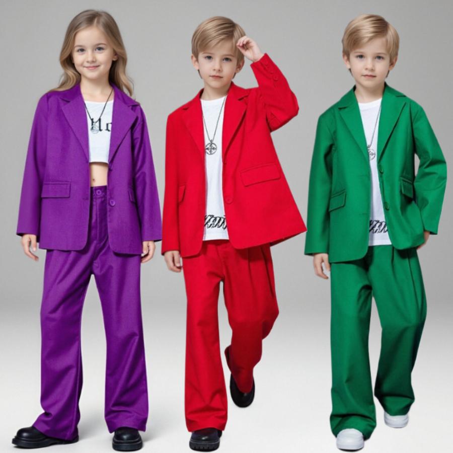 Kids Purple Blazer Suit Set Girls 2Pcs Oversized Blazer & Wide Leg Pants Streetwear Hip Hop Dance Performance Outfit for Stage Show Party
