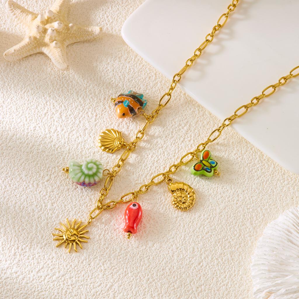 Fashion Stainless Steel Metal Conch Necklaces for Women Cute Shell Tassel Ceramic Fish Necklaces Party Daily Jewelry Gifts
