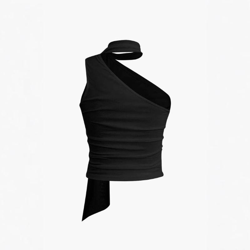European and American one shoulder slanted shoulder ribbon scarf pleated vest