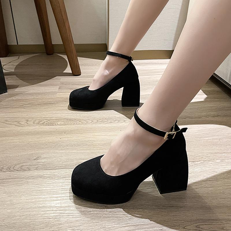 Fashion Women's New Autumn Coarse Heel Single Shoes Round Head Shallow Mouth Suede Thick Sole Anti-slip Wear-resistant High Heels