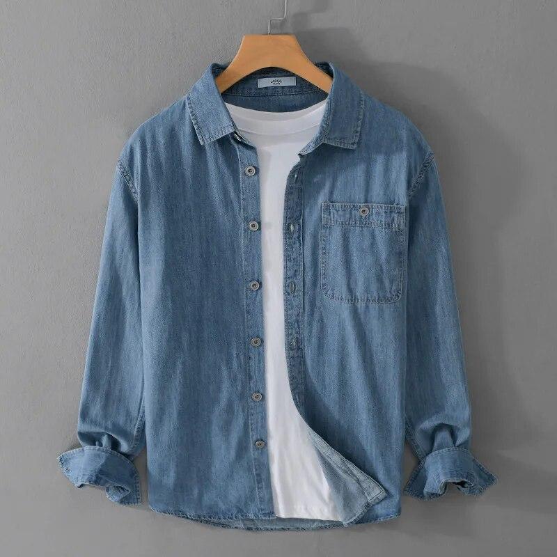 

Весенне-осенние джинсовые рубашки с длинными рукавами для мужчин, повседневные светло-голубые джинсовые мужские топы, рубашка из чистого хлопка, приталенная молодежная простая стильная мужская одежда XXXL темно-синий