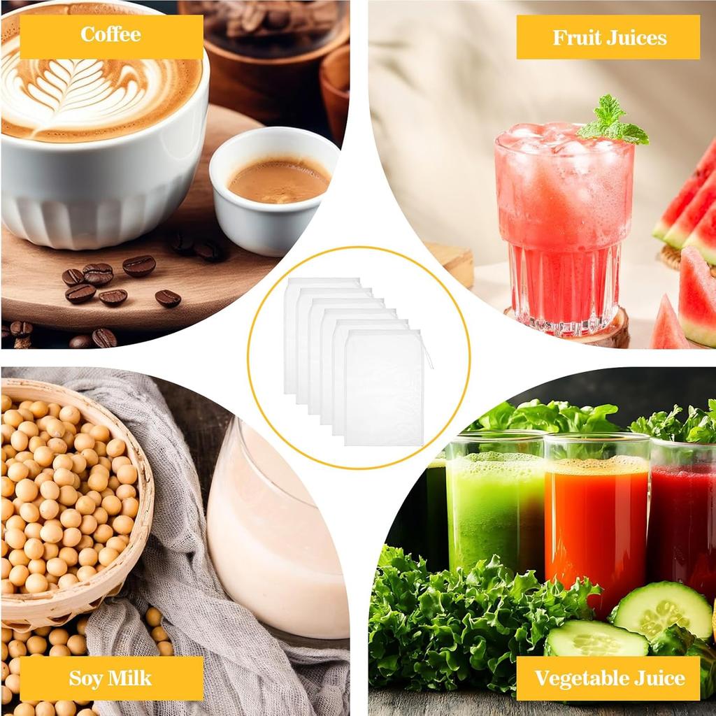 6 Pcs Juicing Bag, 7.87 × 5.9 Inch Juicer Bags, Fine Mesh Nut Milk Bag, Drawstring Nut Bags Strainer for Juicing Fruit Juice Coffee Tea Yogurt
