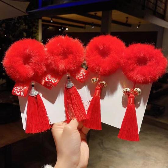 1 Paio Fasce per Capelli da Ragazza Nodo Cinese/Campanellini/Nappe di Nastro Sfocato Elasticizzato Rosso Regali Accessori per Capelli Capodanno Cinese Elastici per Capelli per Bambini per Tutti i Giorni