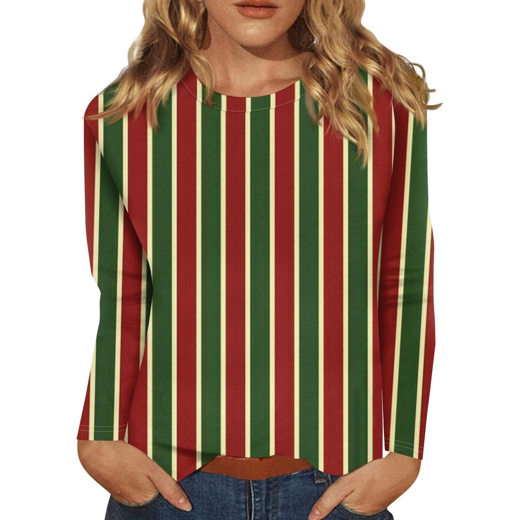 Women's Fashion Casual Christmas Print Round Neck Long Sleeve Decorative T-Shirt Top