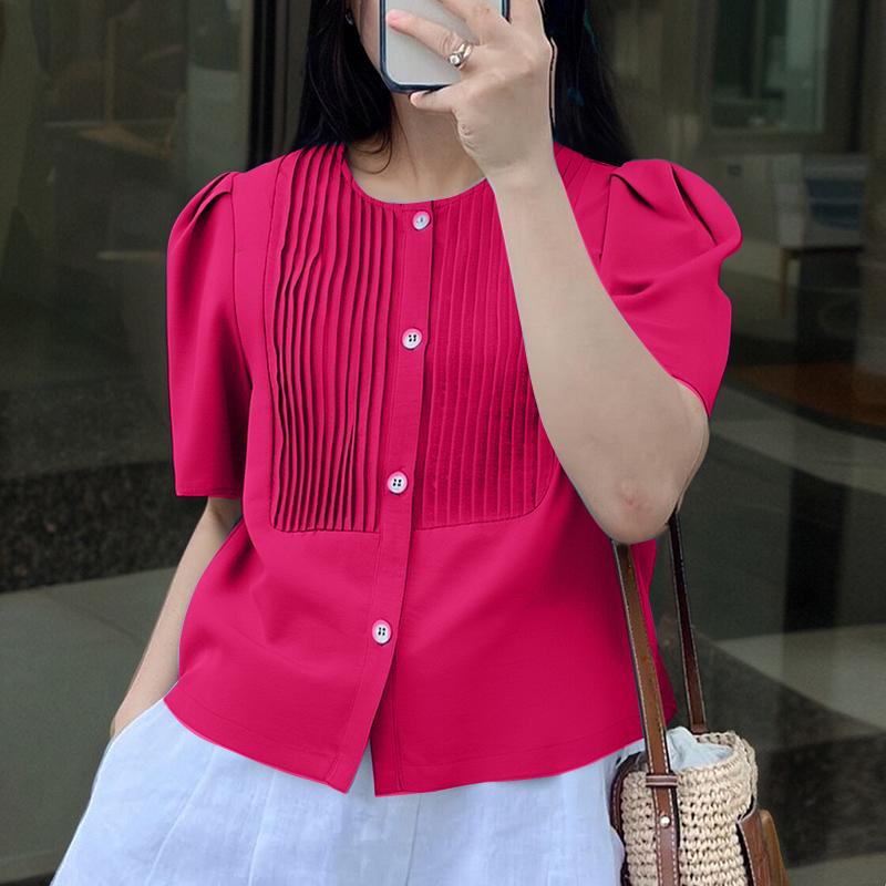 ZANZEA Women Casual Round Neck Summer Short Sleeve Button Blouse