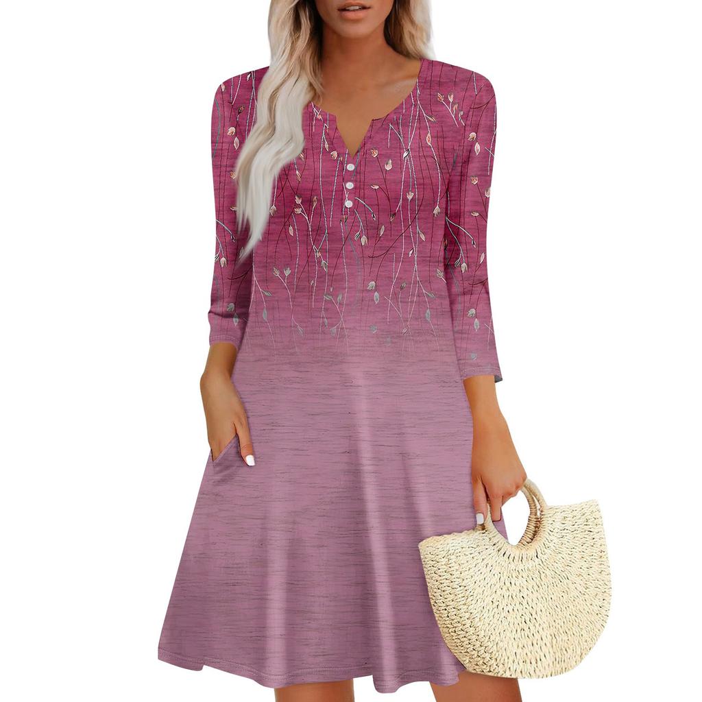 Women's Summer Dress Loose V Neck Three-quarter Sleeve Sundress With Pockets Dress