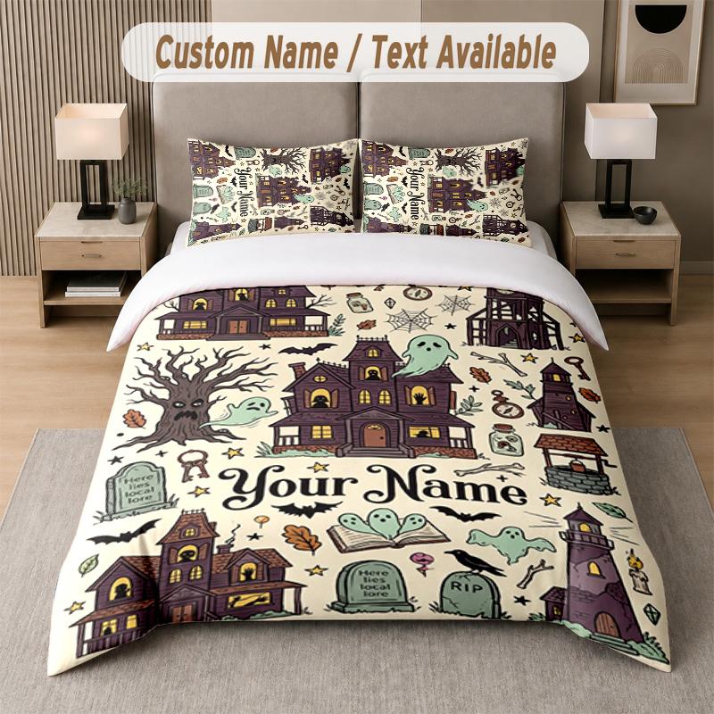 Halloween Theme Custom Text Or Name 3Pcs Bedding Set 1 Flat Sheet & 2 Pillowcases Personalized Home Bedding
