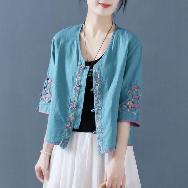 Women S Vintage Embroidered V Neck Short Sleeve Loose Linen Cotton Shirt