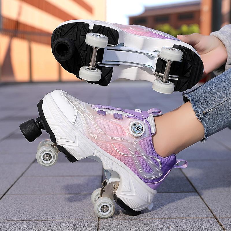35-44 Boys/ Mens Skate Shoes Walking Shoes  Four-wheeled Roller Skates for Women One-button Retractable Adult Double-row Deformation Shoes