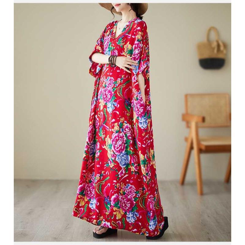 Summer V-neck Cotton Silk Large Size Loose Literary Vacation Style Beach Dresses