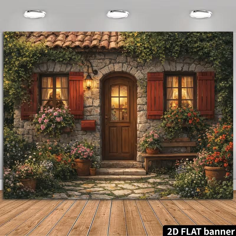 2D Cozy Cottage Backdrop, Stone House with Flowers Banner 47.2x31.5inch/120*80cm