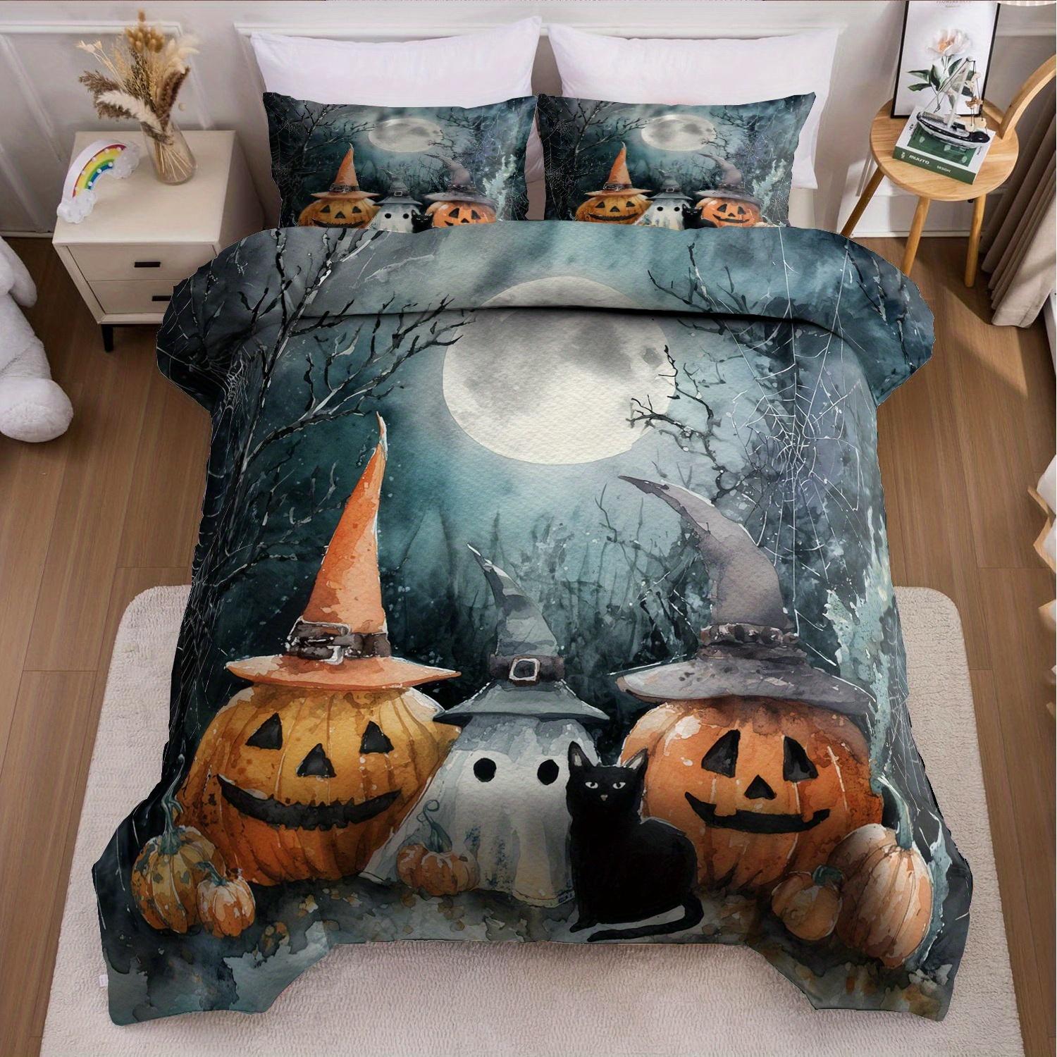 

3pcs Halloween Duvet Cover Set without Insert, Soft Polyester Quilt Cover with 2 Pillowcases, Blue Green Witch Hat & Pumpkin EU Twin(135x200cm)
