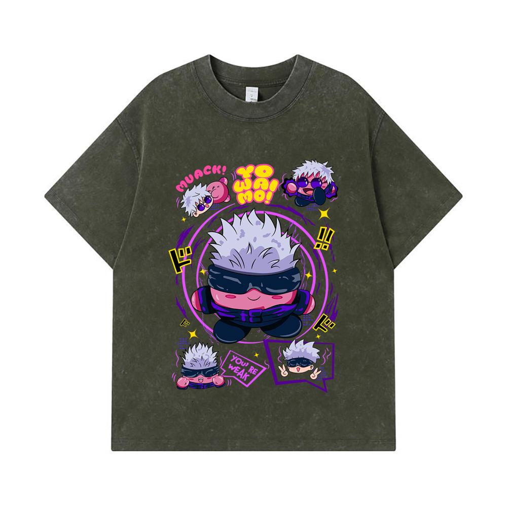 275 GSM Washed T-shirts 100% Cotton Jujutsu Kaisen V41 Kirby Gojo Print Unisex Heavy Cotton T Shirt S