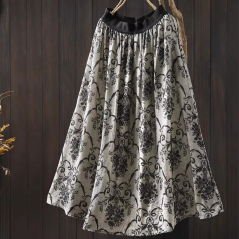 Johnature Women Vintage Print Floral Skirts Elastic Waist High Quality Cloths Summer Soft Female Skirts